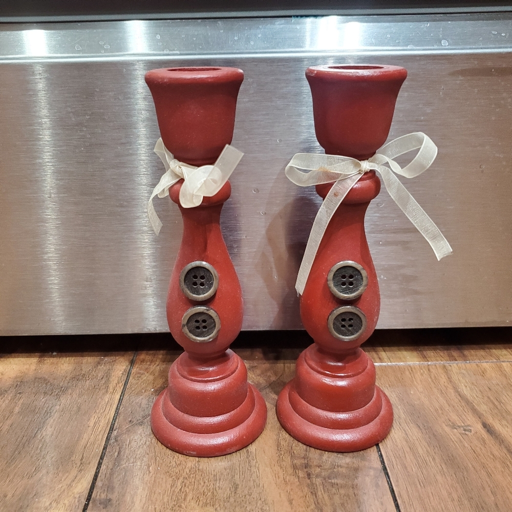 Set of Two Hand Painted Wood Candle Holders With Ribbon and Button Accents!